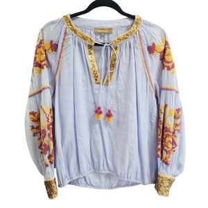 Rose and Rose Light Blue Embroidered Sequin Peasant Blouse Top M Boho Tassels